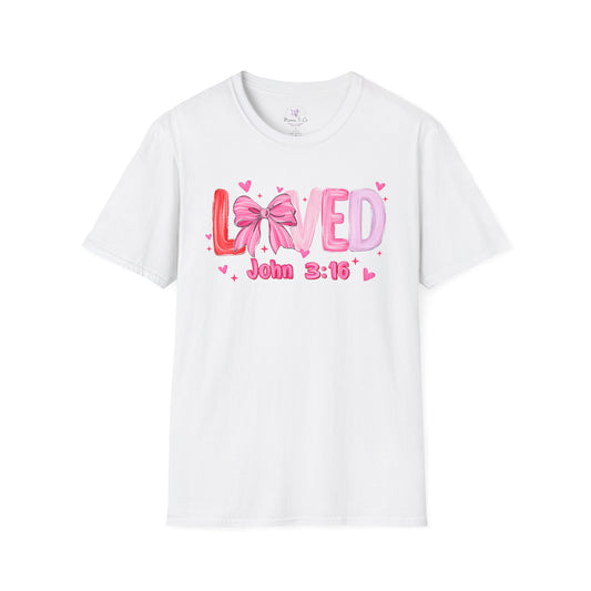 Loved John 3:16 Tee — Pink Bow Christian Faith Valentine Shirt