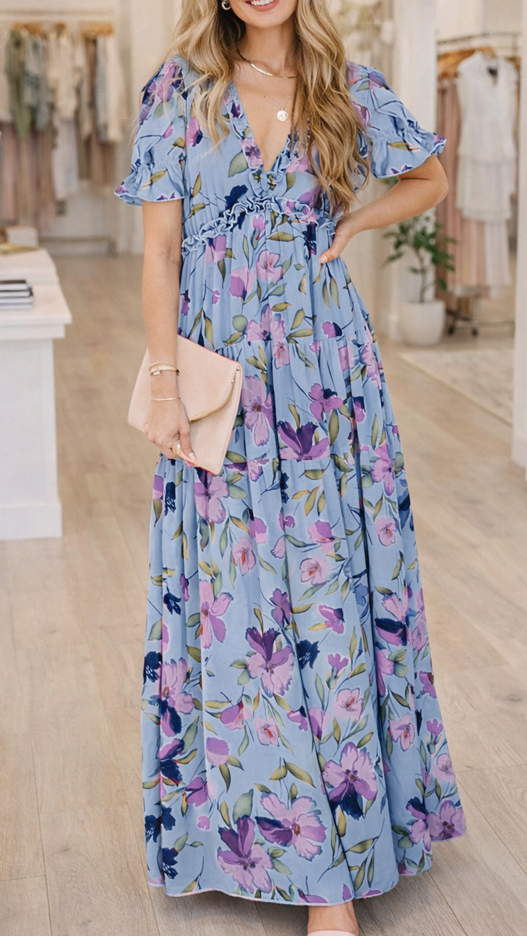 Blue Floral Frilled Maxi Dress March.