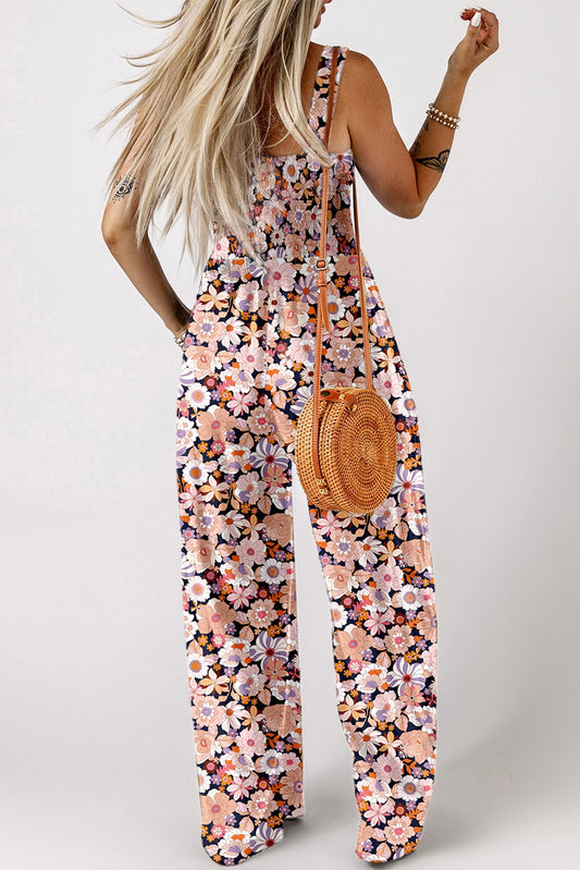 Black Floral Print Smocked Jumpsuit FB