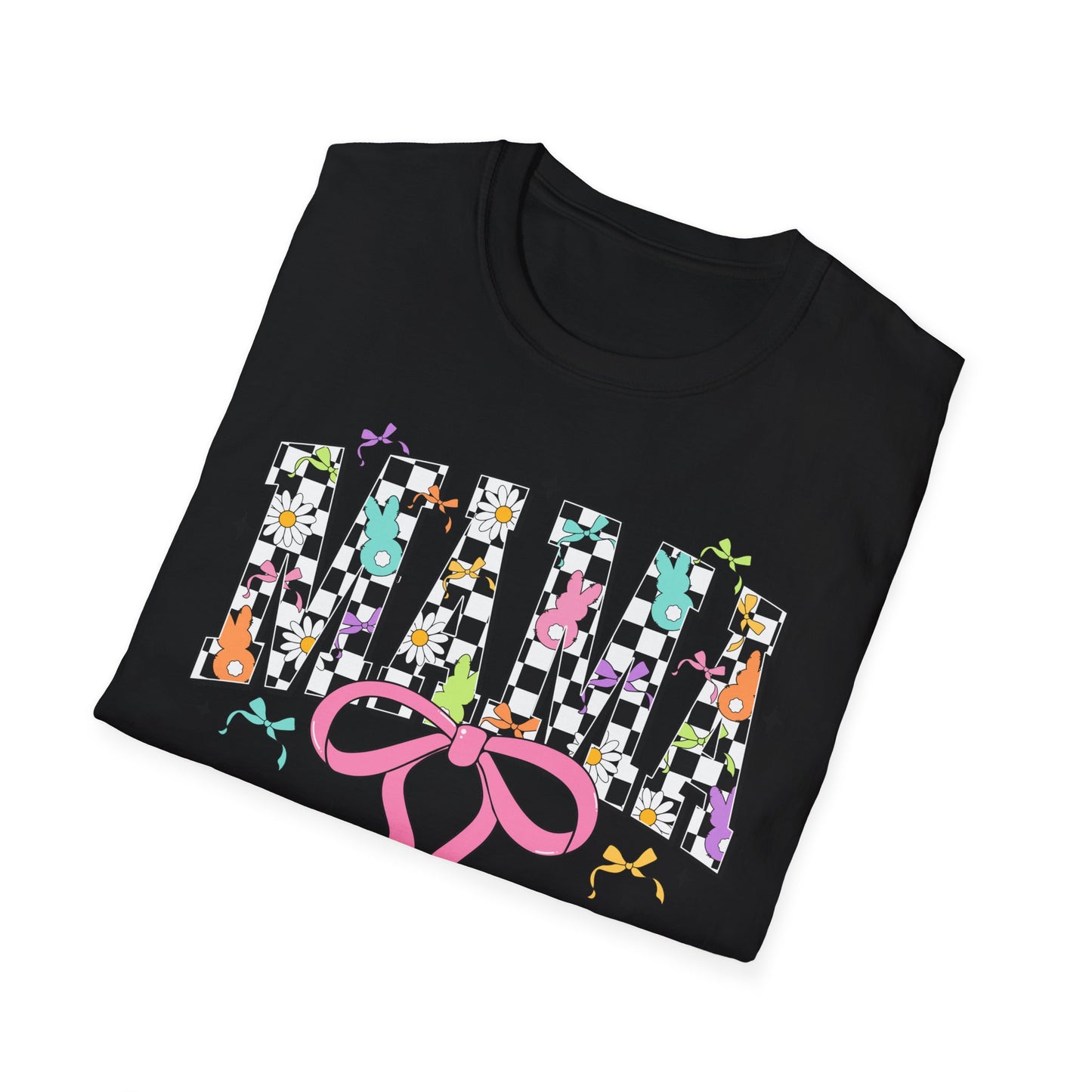 Mama Floral Checkerboard T-Shirt with Pink Bow — Glidan Softstyle