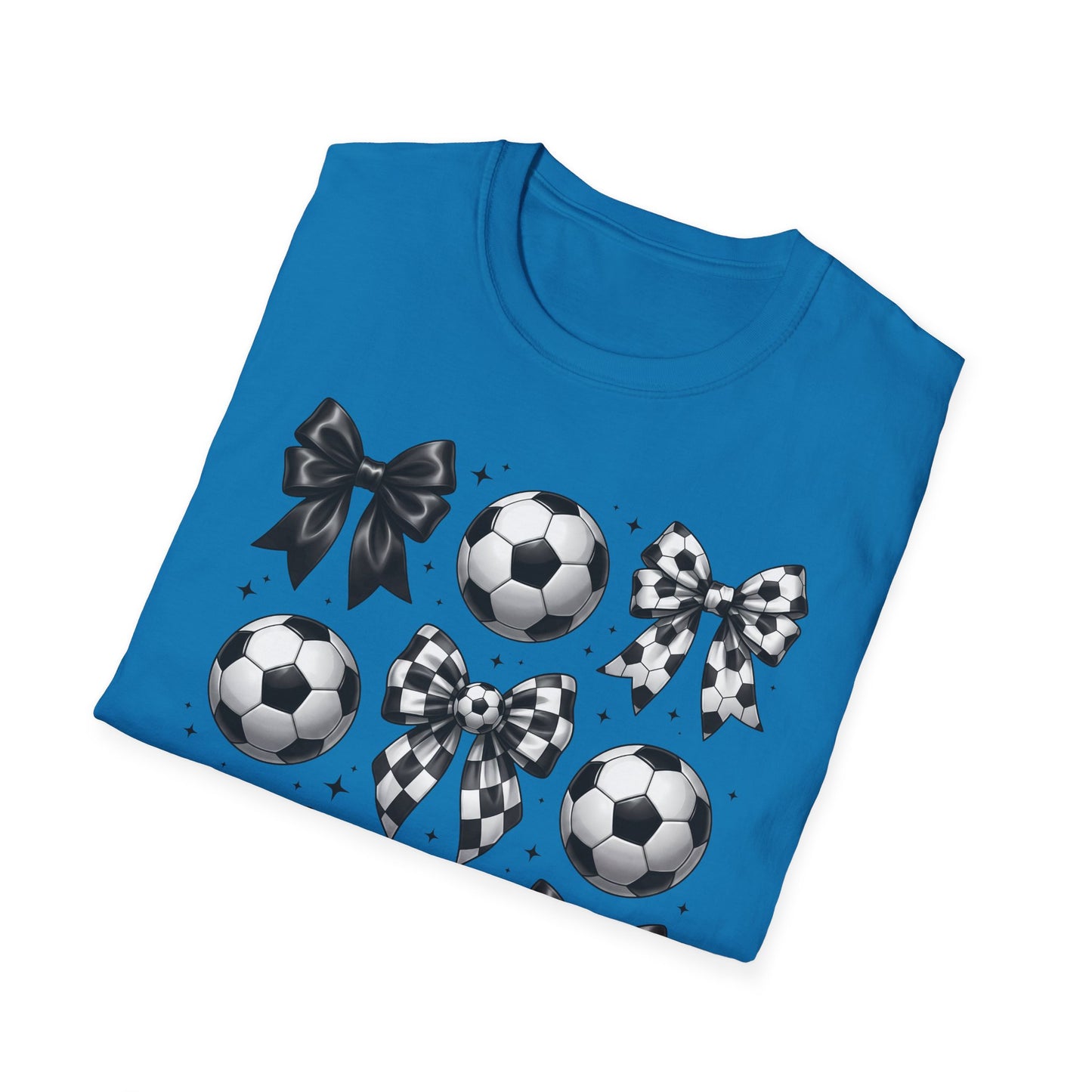Soccer & Bows Graphic T-Shirt — Cute Soccer Ball Pattern Tee for Players & Fans