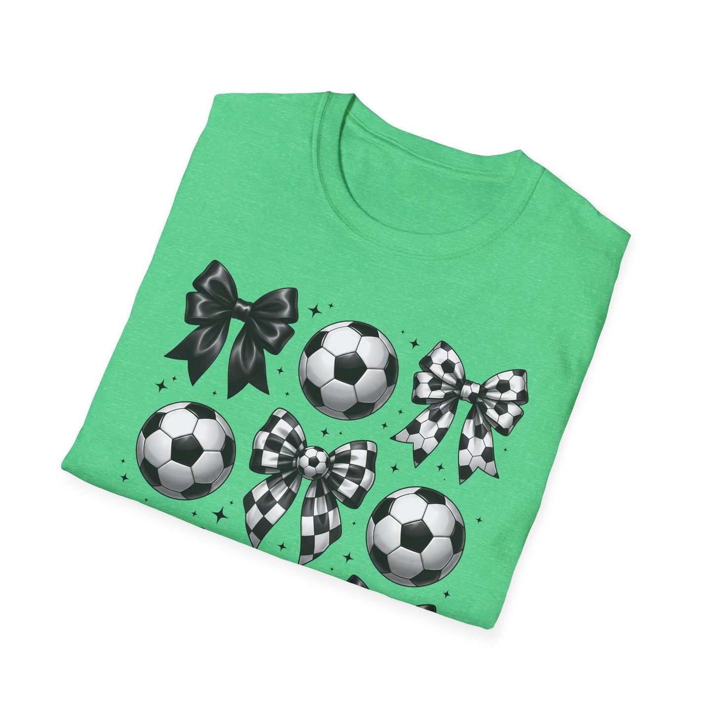 Soccer & Bows Graphic T-Shirt — Cute Soccer Ball Pattern Tee for Players & Fans