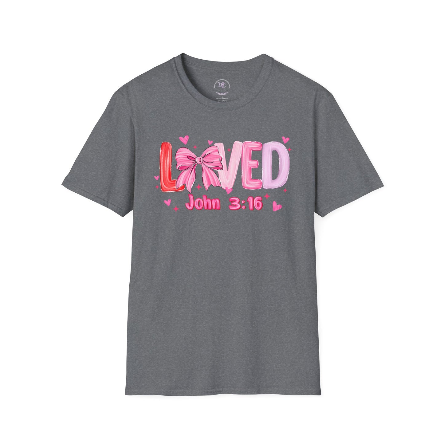 Loved John 3:16 Tee — Pink Bow Christian Faith Valentine Shirt