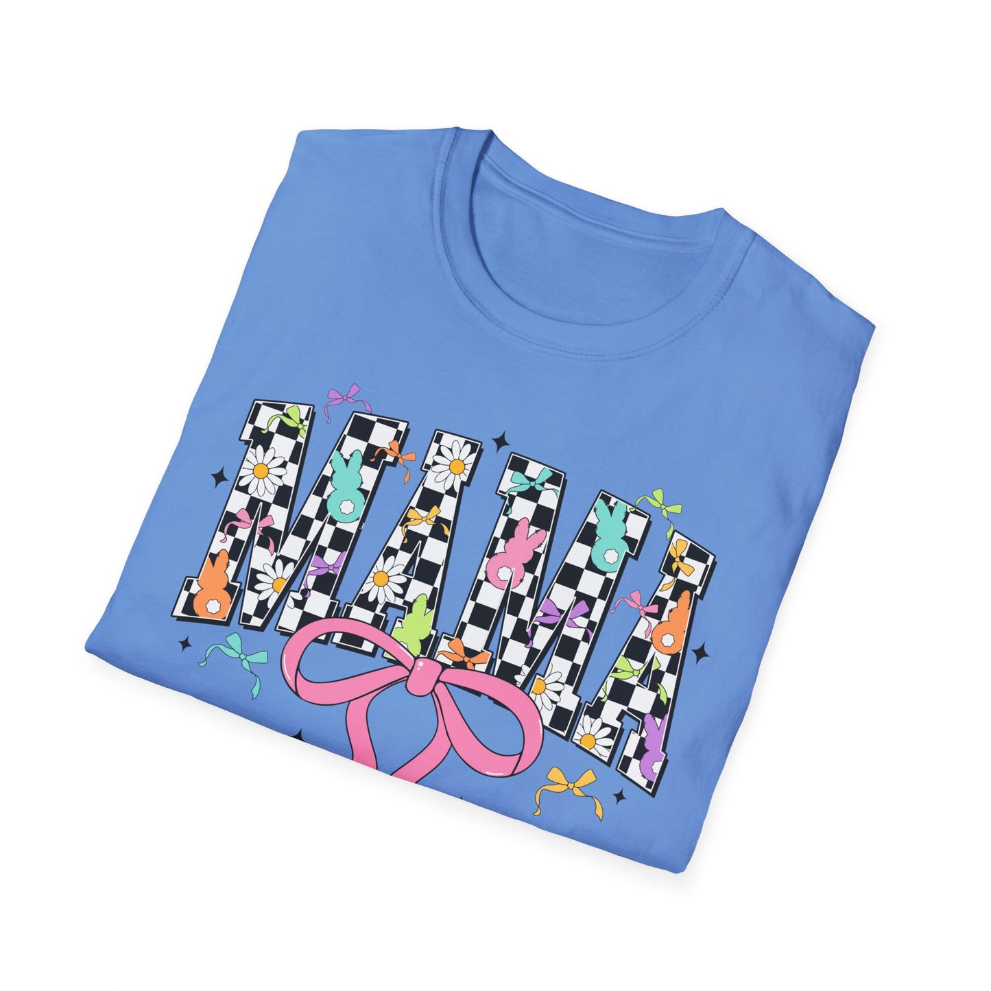 Mama Floral Checkerboard T-Shirt with Pink Bow — Glidan Softstyle