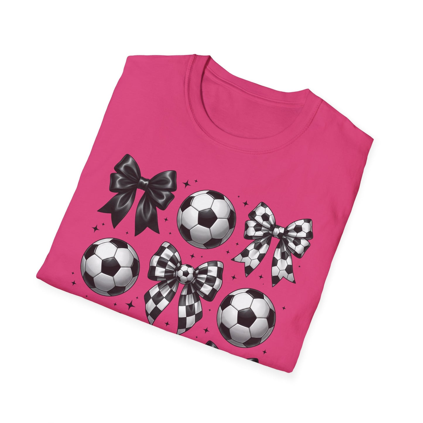 Soccer & Bows Graphic T-Shirt — Cute Soccer Ball Pattern Tee for Players & Fans