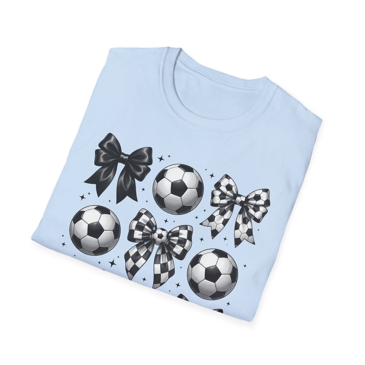 Soccer & Bows Graphic T-Shirt — Cute Soccer Ball Pattern Tee for Players & Fans