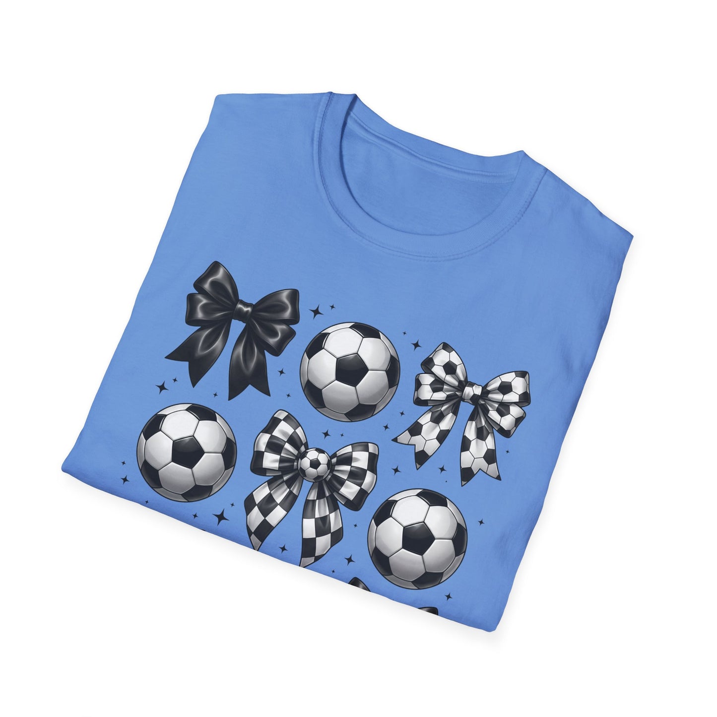 Soccer & Bows Graphic T-Shirt — Cute Soccer Ball Pattern Tee for Players & Fans