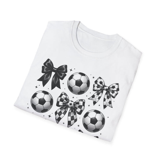 Soccer & Bows Graphic T-Shirt — Cute Soccer Ball Pattern Tee for Players & Fans