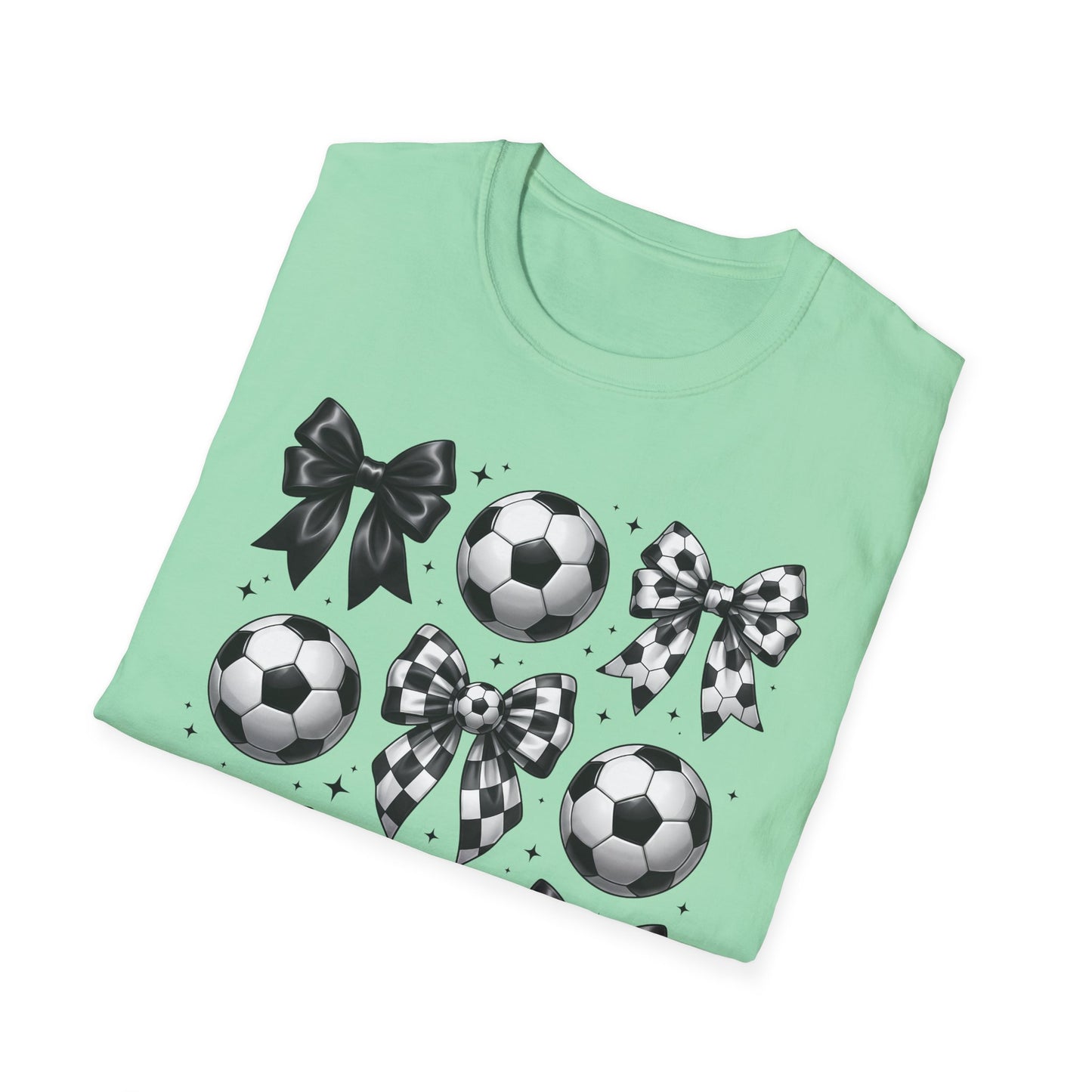Soccer & Bows Graphic T-Shirt — Cute Soccer Ball Pattern Tee for Players & Fans