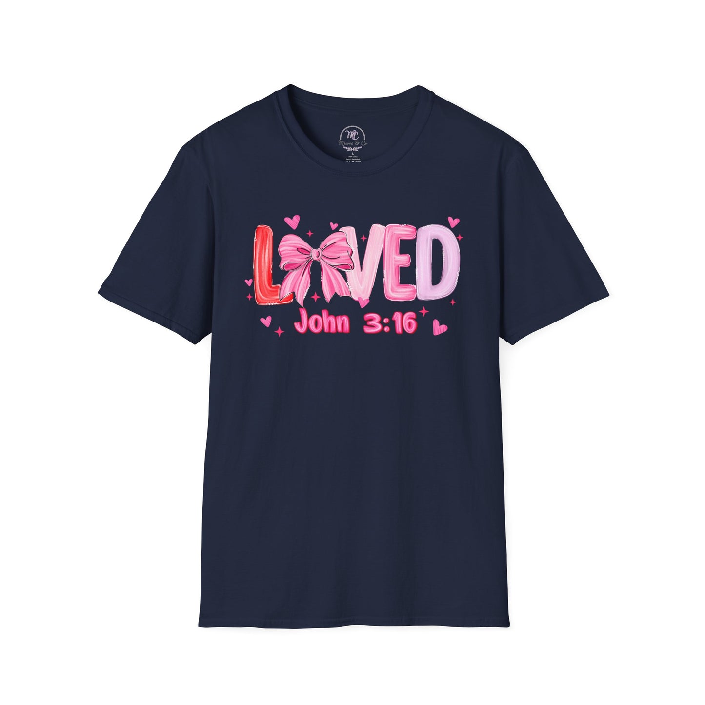 Loved John 3:16 Tee — Pink Bow Christian Faith Valentine Shirt