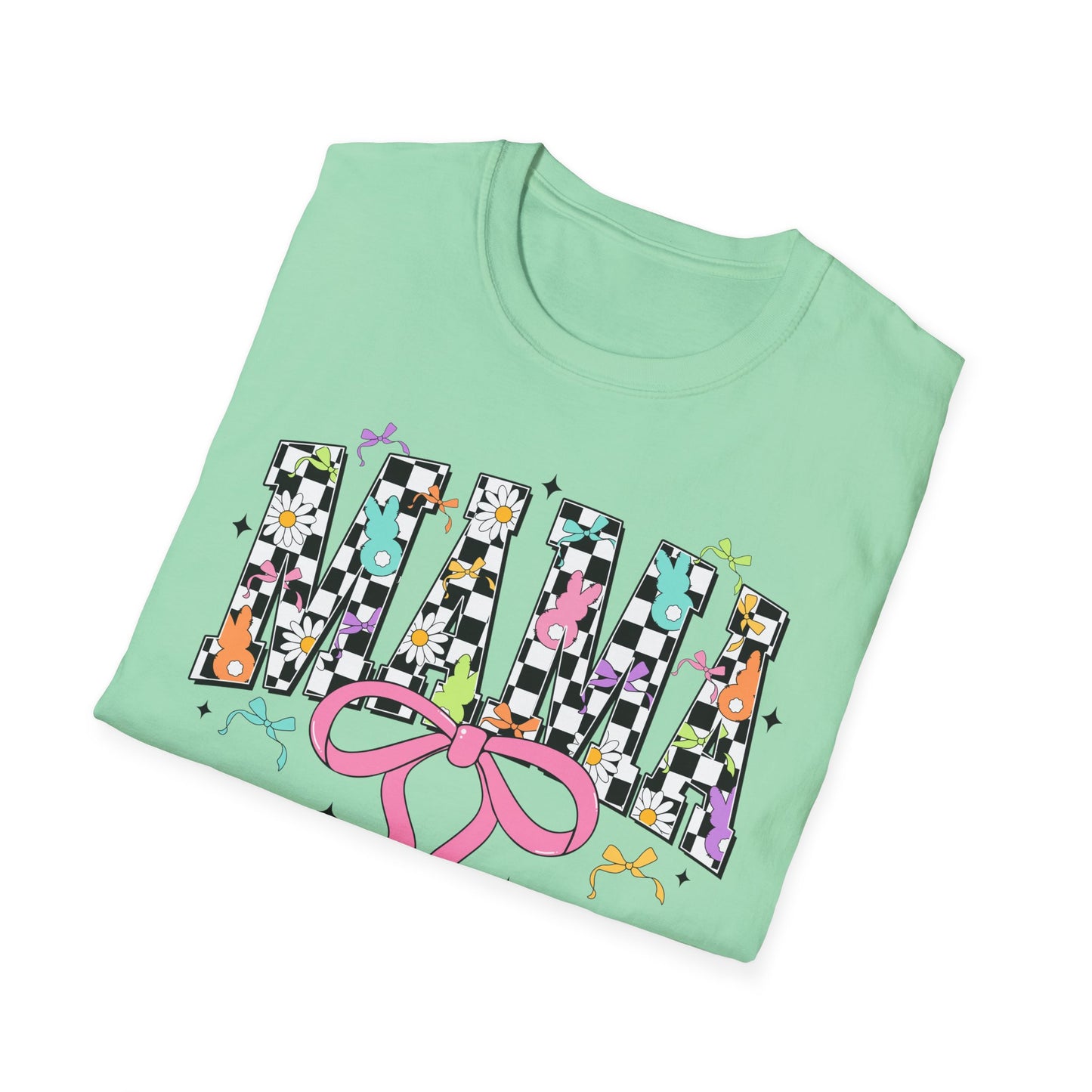 Mama Floral Checkerboard T-Shirt with Pink Bow — Glidan Softstyle