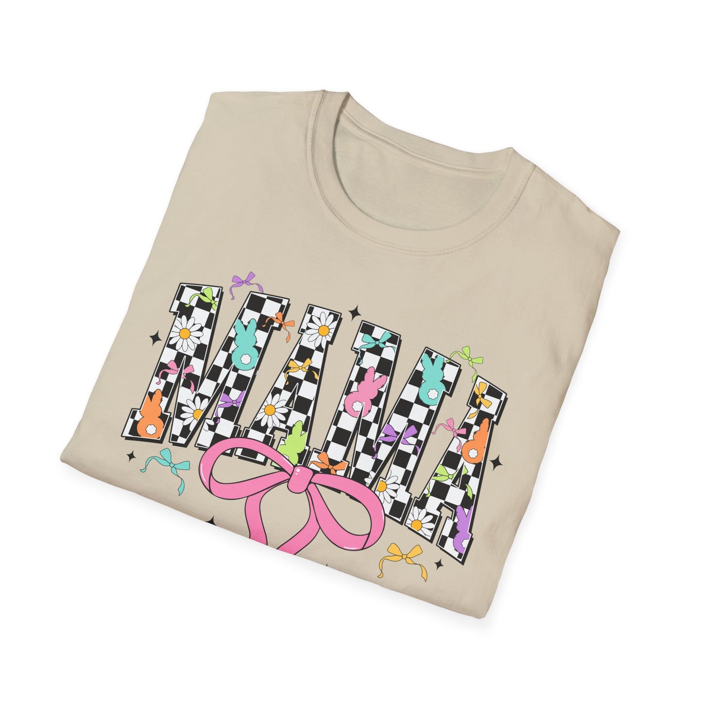 Mama Floral Checkerboard T-Shirt with Pink Bow — Glidan Softstyle