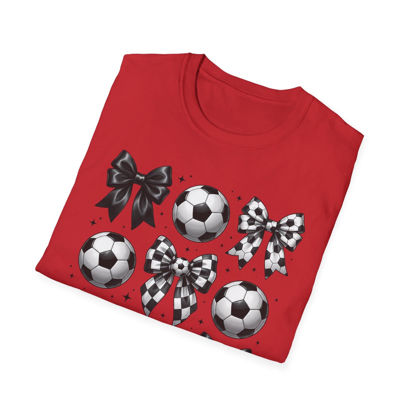 Soccer & Bows Graphic T-Shirt — Cute Soccer Ball Pattern Tee for Players & Fans