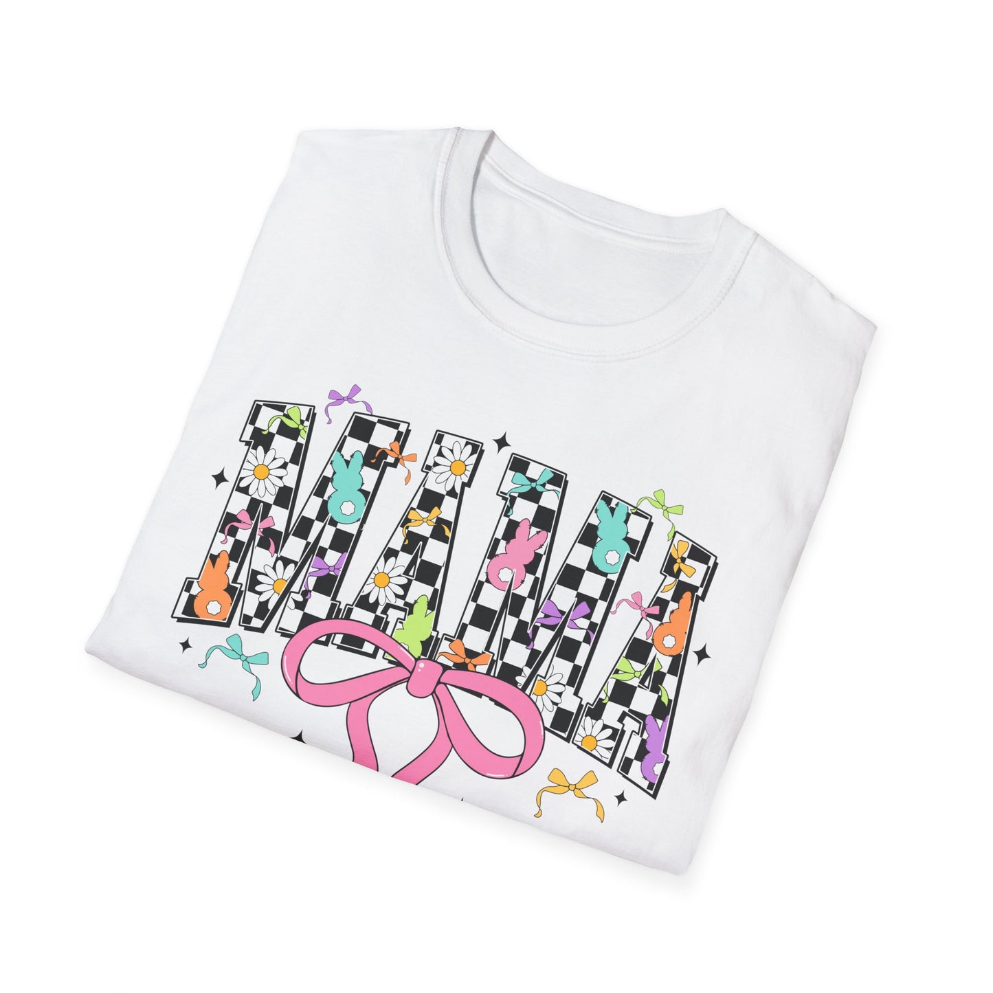 Mama Floral Checkerboard T-Shirt with Pink Bow — Glidan Softstyle