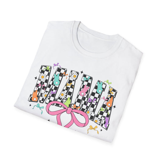 Mama Floral Checkerboard T-Shirt with Pink Bow — Glidan Softstyle