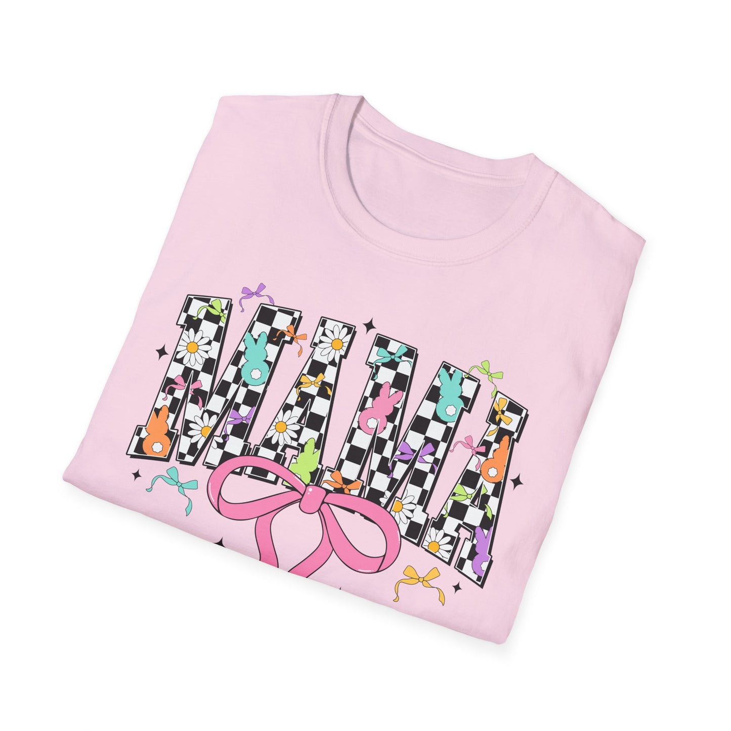 Mama Floral Checkerboard T-Shirt with Pink Bow — Glidan Softstyle