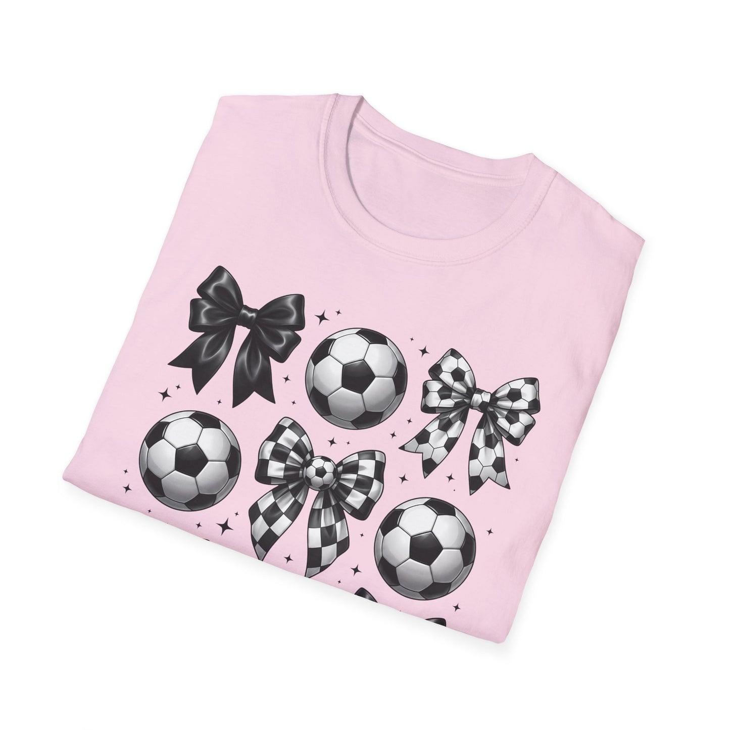 Soccer & Bows Graphic T-Shirt — Cute Soccer Ball Pattern Tee for Players & Fans