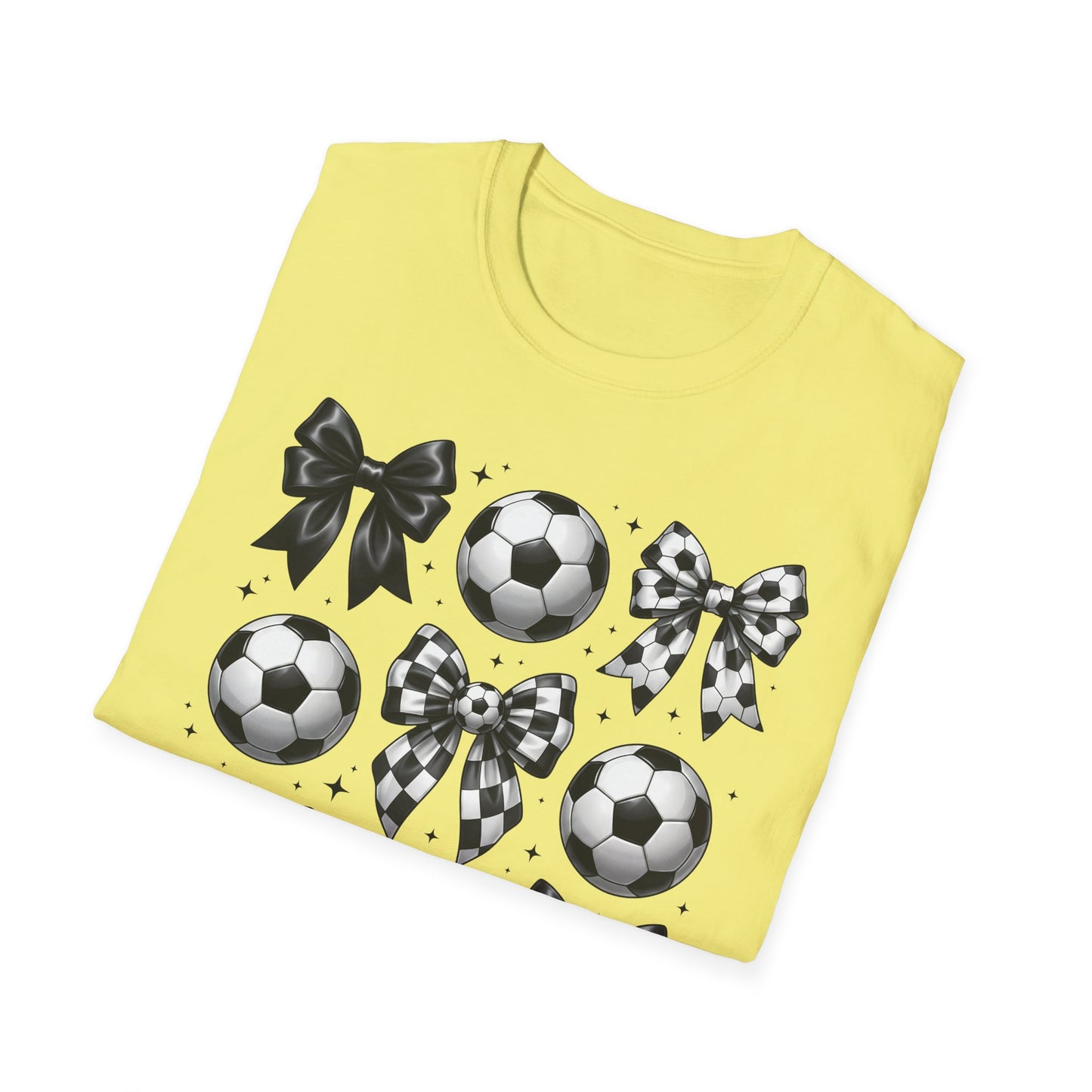 Soccer & Bows Graphic T-Shirt — Cute Soccer Ball Pattern Tee for Players & Fans