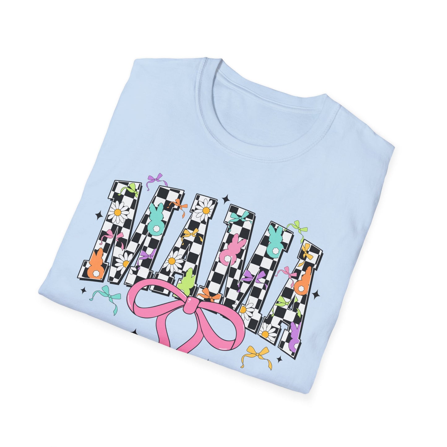 Mama Floral Checkerboard T-Shirt with Pink Bow — Glidan Softstyle