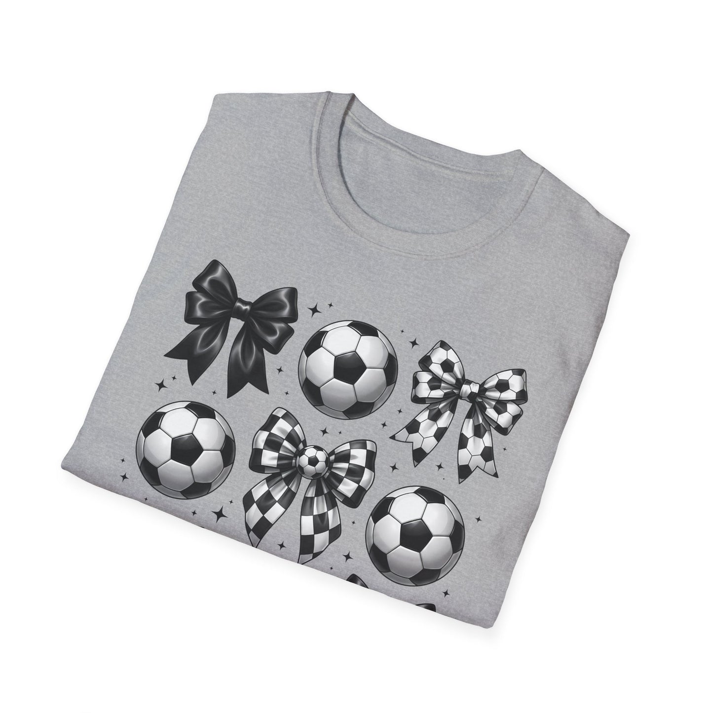 Soccer & Bows Graphic T-Shirt — Cute Soccer Ball Pattern Tee for Players & Fans