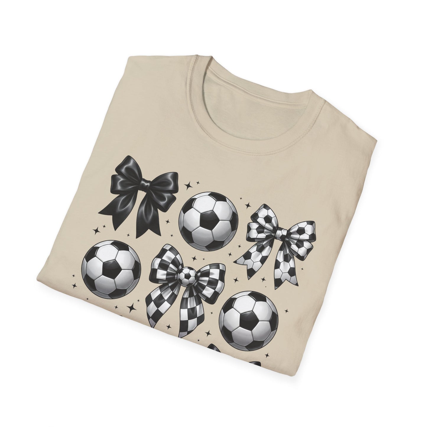 Soccer & Bows Graphic T-Shirt — Cute Soccer Ball Pattern Tee for Players & Fans