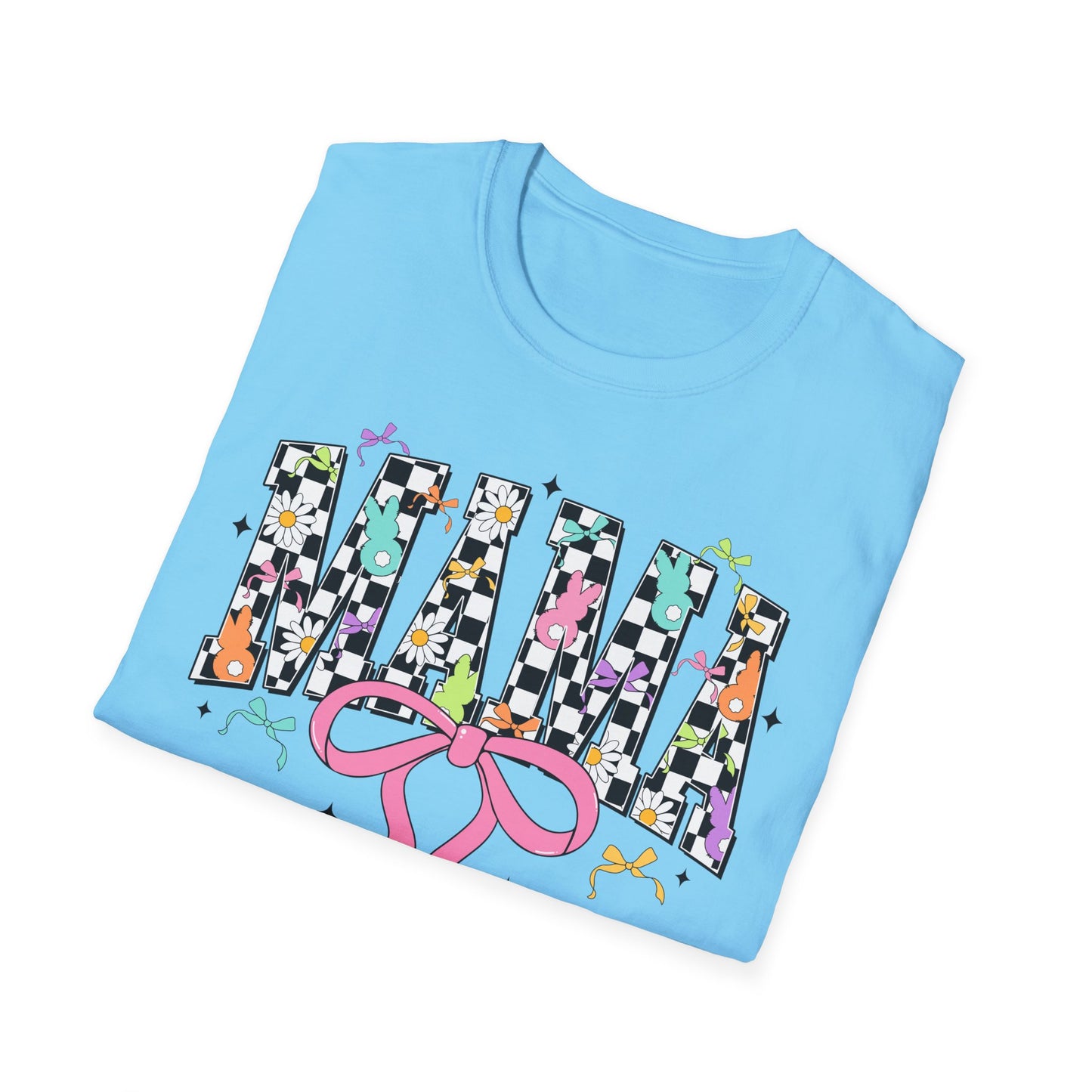 Mama Floral Checkerboard T-Shirt with Pink Bow — Glidan Softstyle