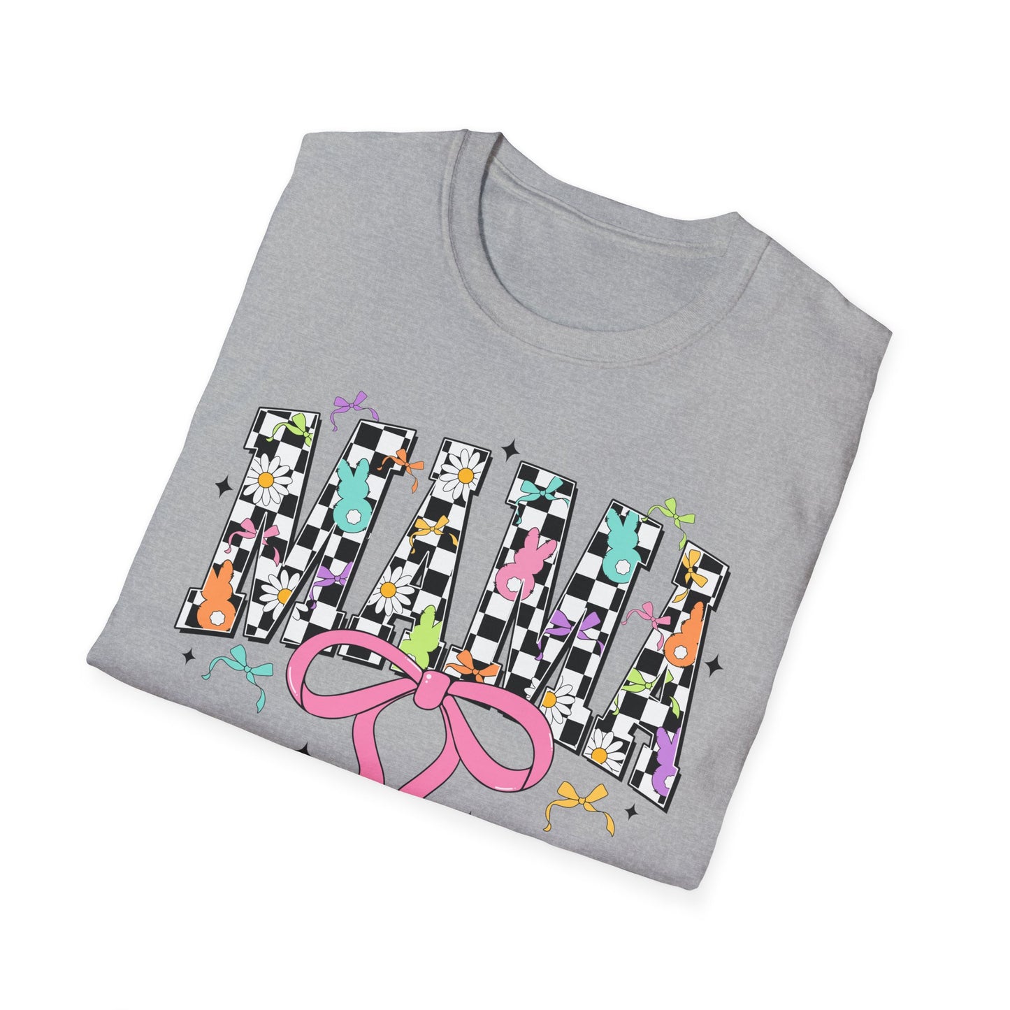 Mama Floral Checkerboard T-Shirt with Pink Bow — Glidan Softstyle