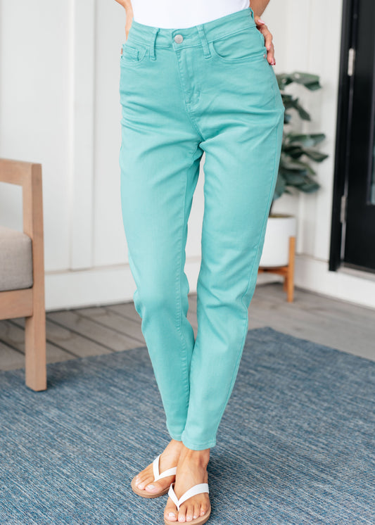 Bridgette High Rise Garment Dyed Slim Jeans in Aquamarine