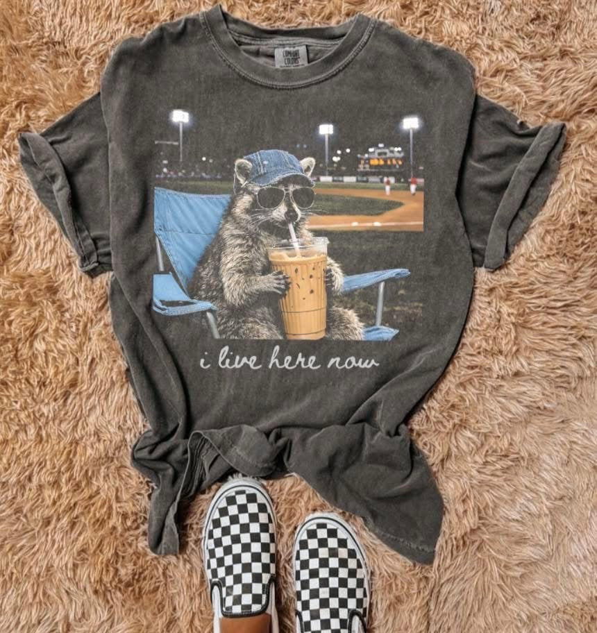I Live Here Ballpark Graphic Tee – Funny Raccoon Baseball Shirt
