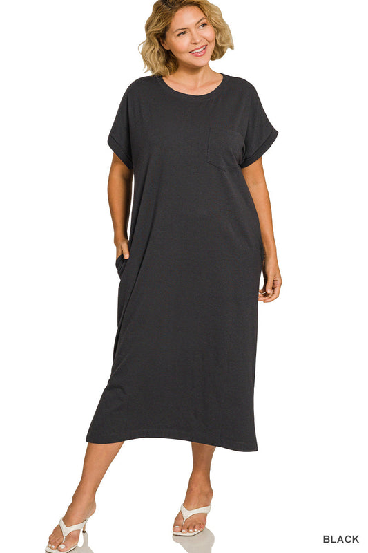 Plus-Round Neck Midi Dress Zenana