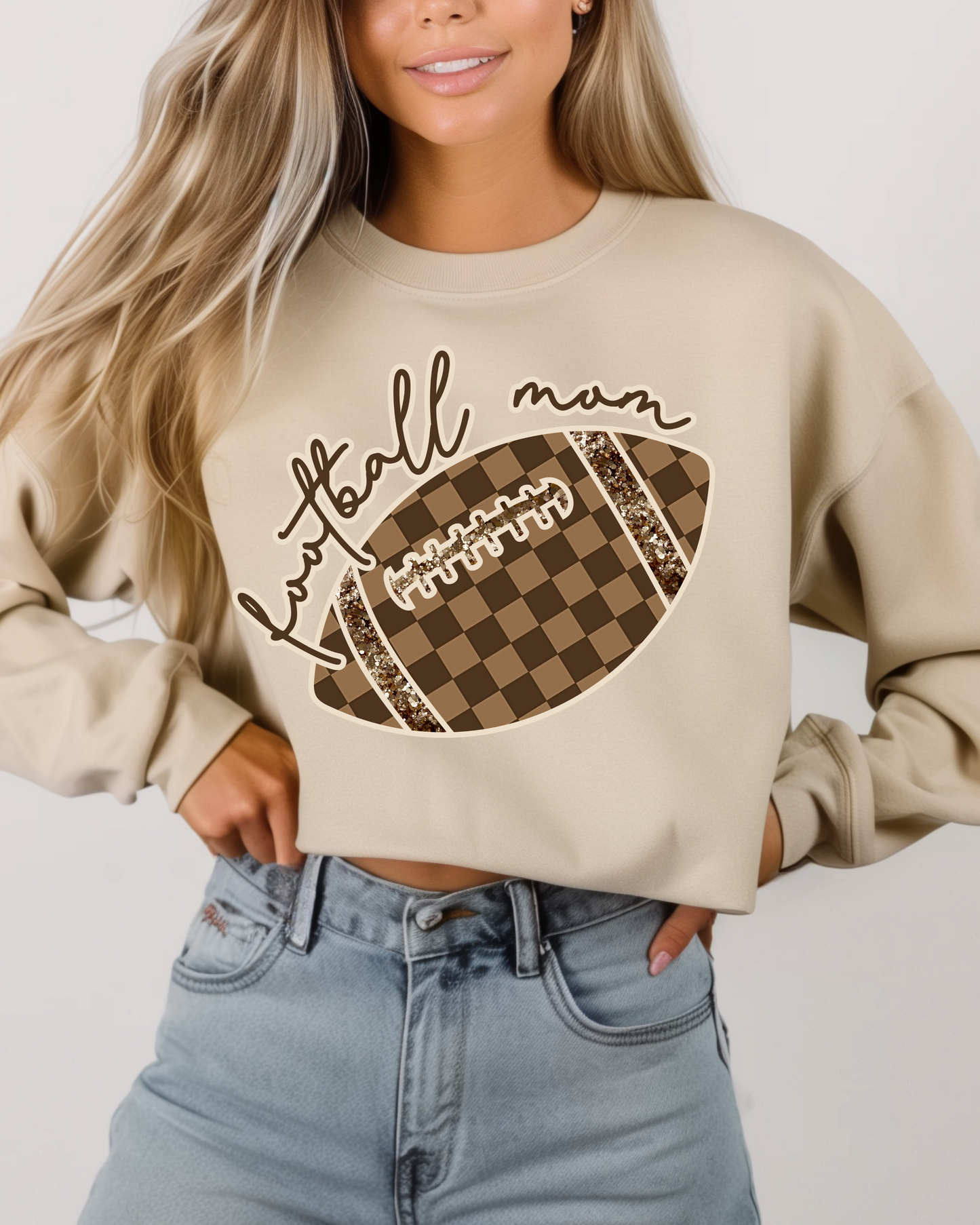 Check Football Mom in Sand Sweatshirt