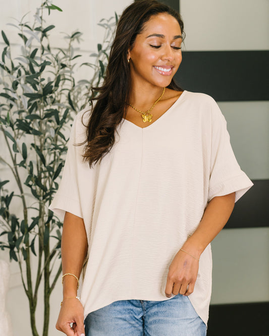 Counter Part Crinkle Woven V-Neck Top in Sand Beige