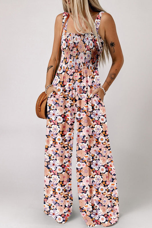 Black Floral Print Smocked Jumpsuit FB