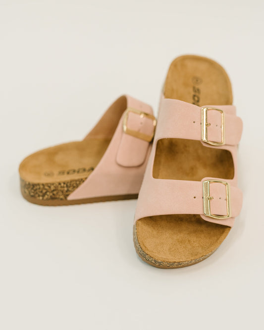 Jete Nubuck Double Buckle Slides in Blush