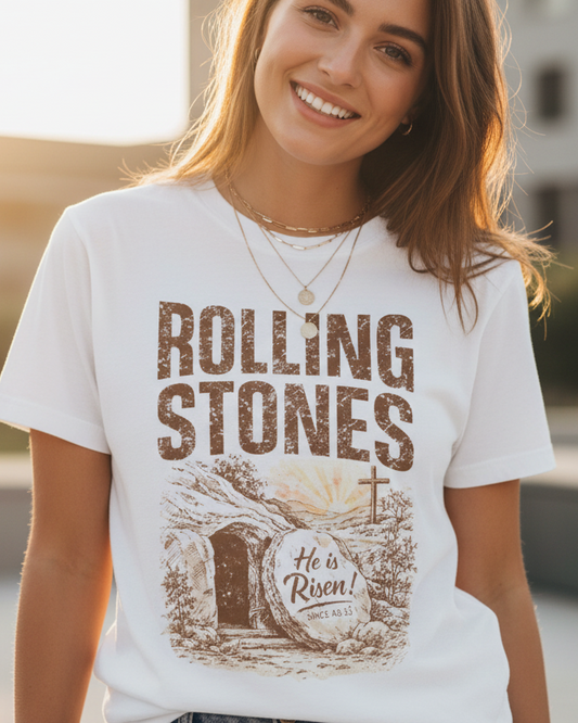 He Is Risen Graphic Tee – Rolling Stones Style Easter Christian Shirt
