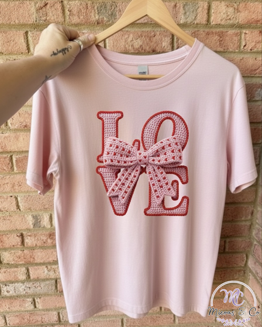 Love Faux Yarn Bow T-Shirt – Pink Ribbon LOVE Graphic Tee
