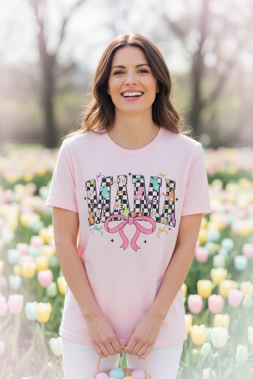 Mom wearing Mama shirt for Easter