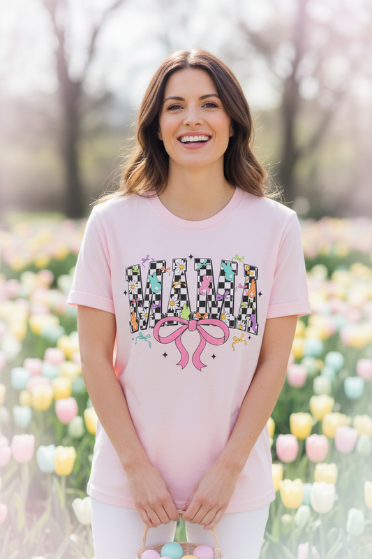 Mom wearing Mama shirt for Easter