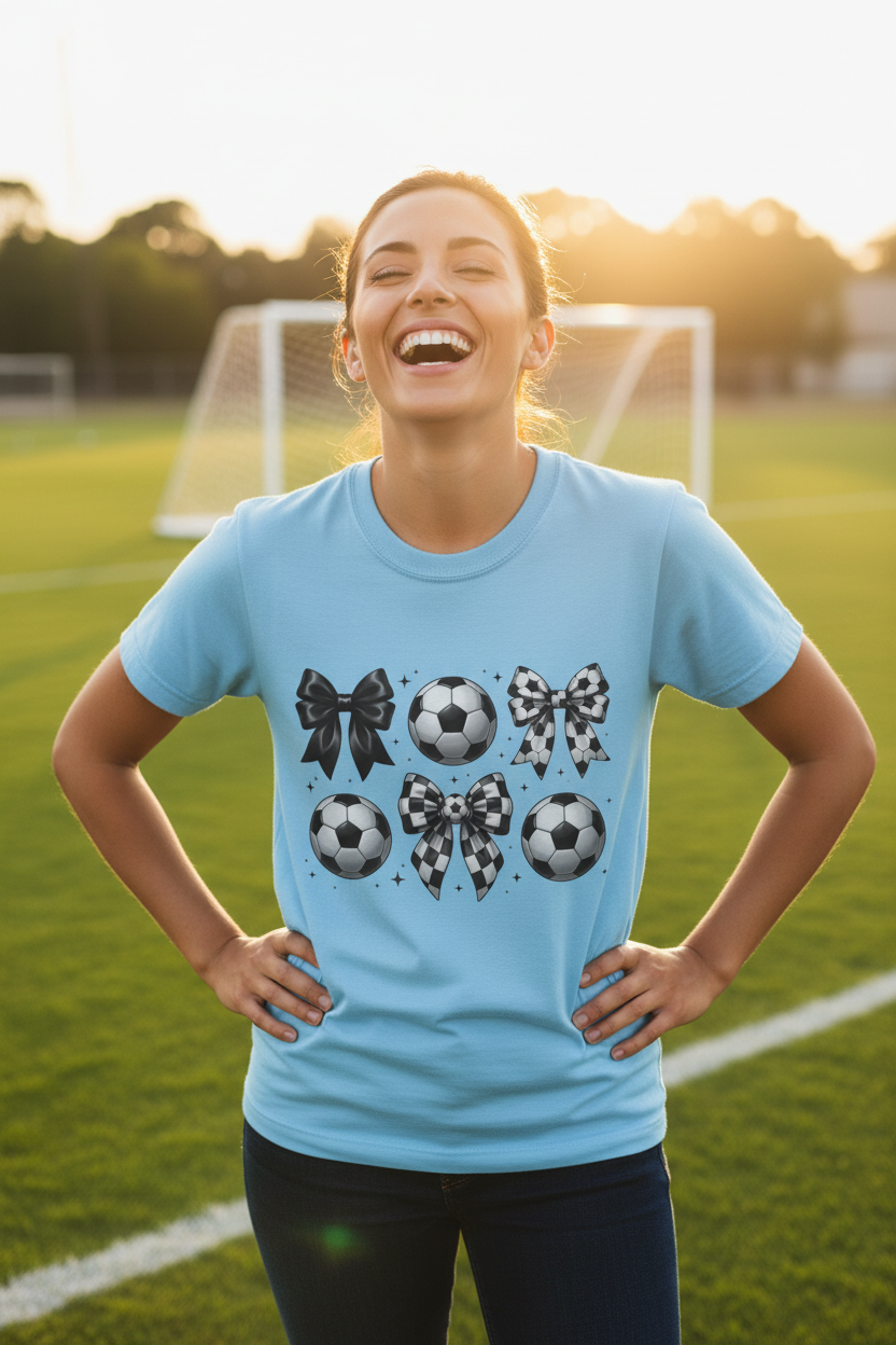 Woman at soccer game in light blue shirt